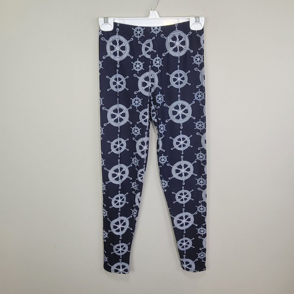 Ship Steering Wheel Print Navy And White Polyester Spandex Ankle Leggings One...